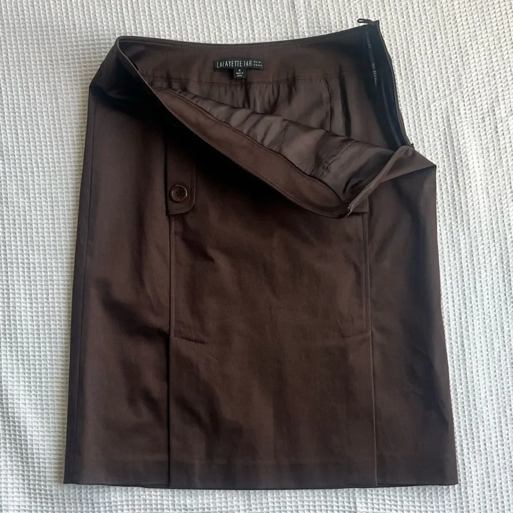 LaFayette 148 Chocolate Brown Knee Length Lined Career Cotton Blend Fall Skirt 4